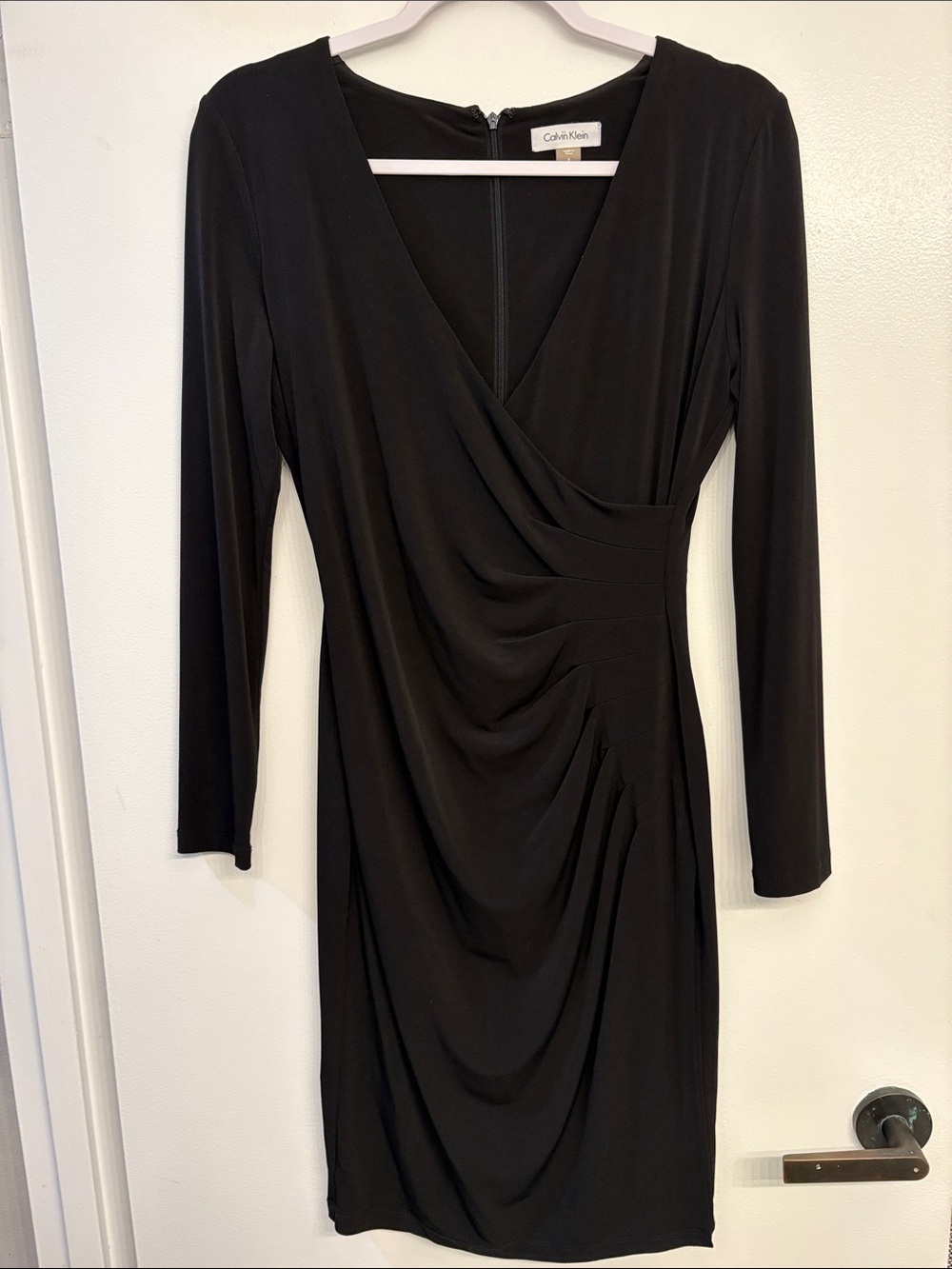 Calvin Klein Black Draped Ruched Long Sleeve Dress
